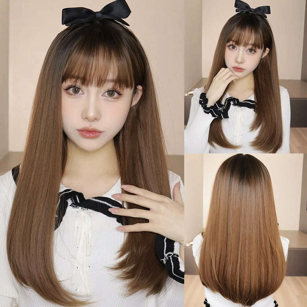 Ombre Red Black Cosplay Wigs for Women Long Straight Layered Synthetic Wigs With Bangs Lolita Party Heat Resistant Natural Hair - KIMLUD