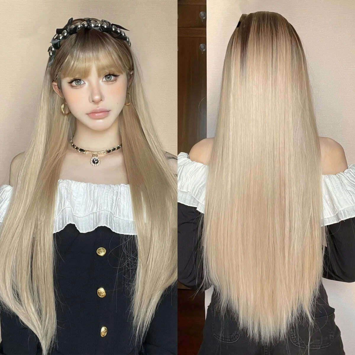 Ombre Red Black Cosplay Wigs for Women Long Straight Layered Synthetic Wigs With Bangs Lolita Party Heat Resistant Natural Hair - KIMLUD