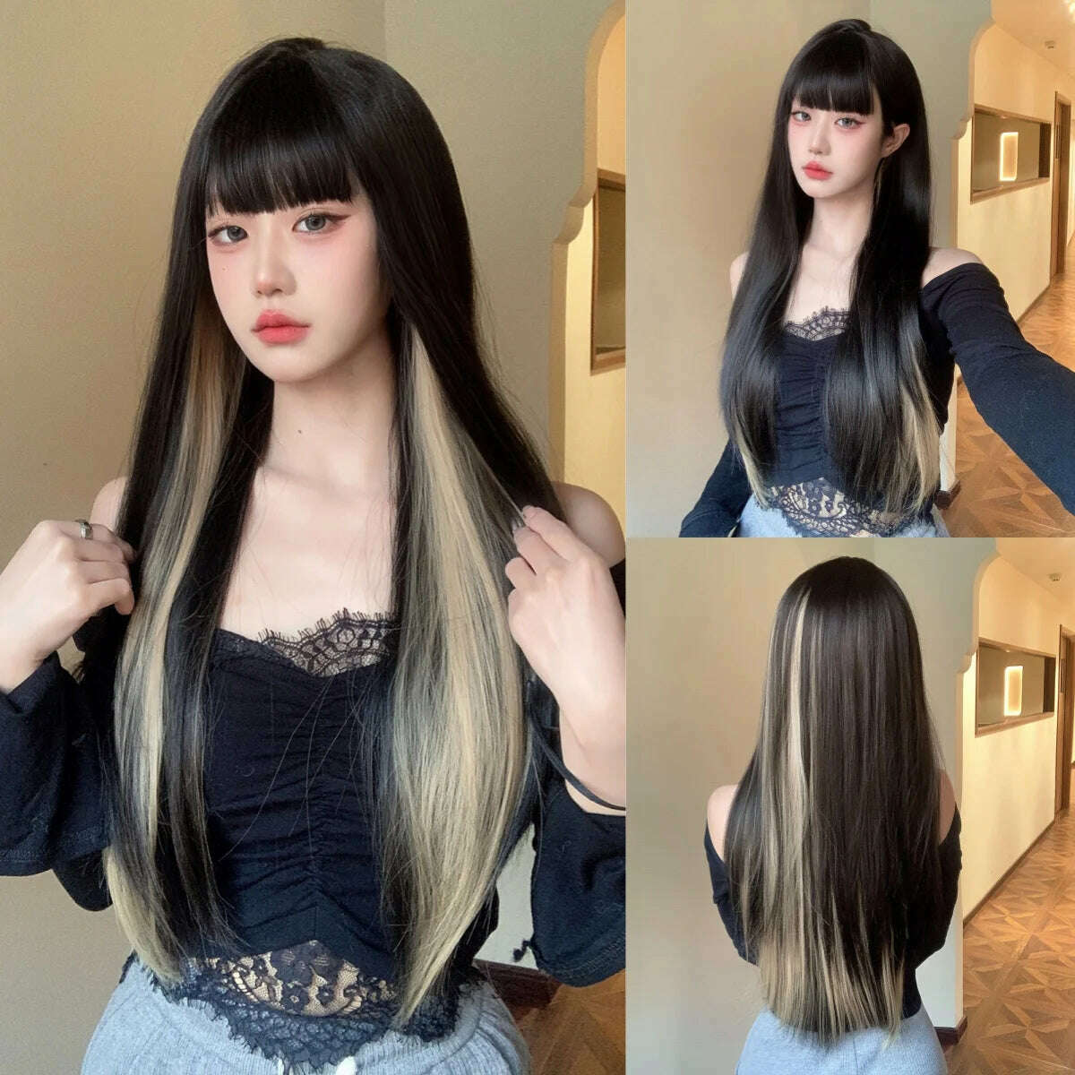 Ombre Red Black Cosplay Wigs for Women Long Straight Layered Synthetic Wigs With Bangs Lolita Party Heat Resistant Natural Hair - KIMLUD