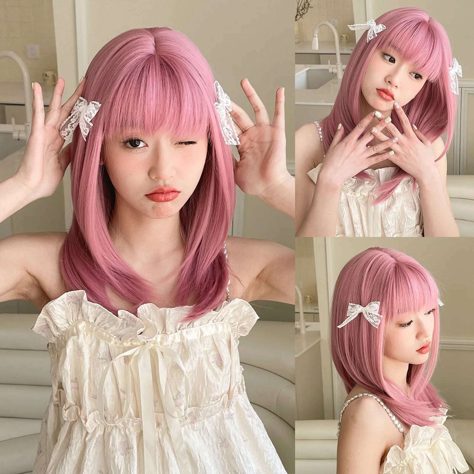 Ombre Red Black Cosplay Wigs for Women Long Straight Layered Synthetic Wigs With Bangs Lolita Party Heat Resistant Natural Hair - KIMLUD