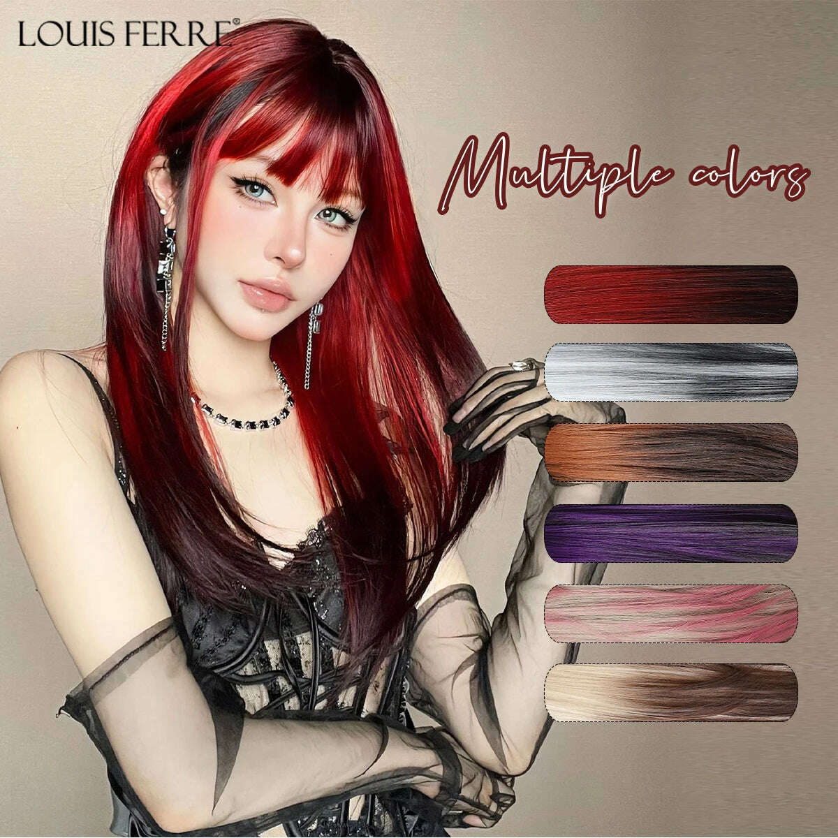 Ombre Red Black Cosplay Wigs for Women Long Straight Layered Synthetic Wigs With Bangs Lolita Party Heat Resistant Natural Hair - KIMLUD