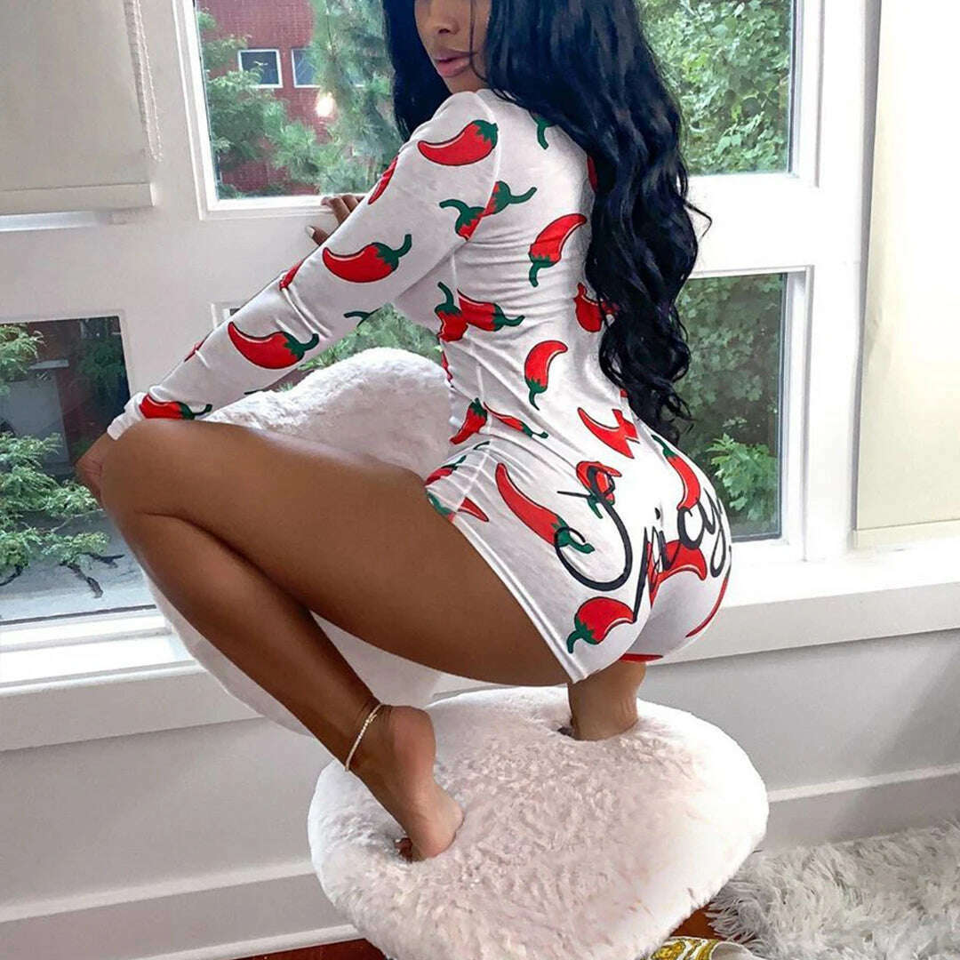 KIMLUD, OMSJ Spring Fall Body Rompers 2023 New Women's Long Sleeve Jumpsuits Night Clubwear V-neck Letter Print Skinny Bandage Playsuits, WHITE / S, KIMLUD APPAREL - Womens Clothes