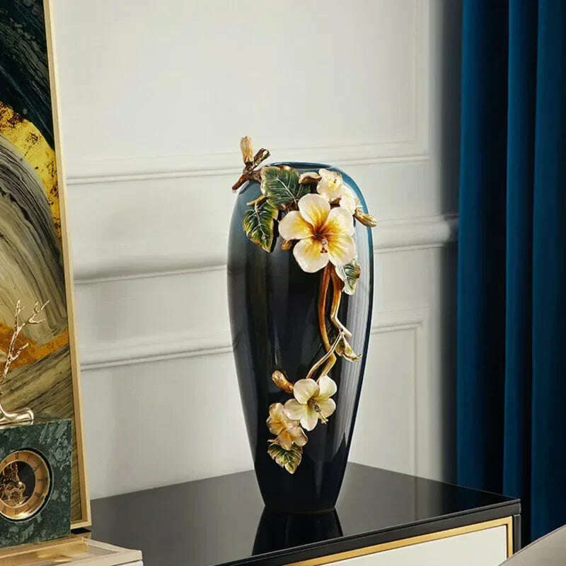 On Sale Light Luxury Enamel Colored Alloy Vase Living Room Decoration Porch Home European Classical Exquisite Flower Arrangement - KIMLUD
