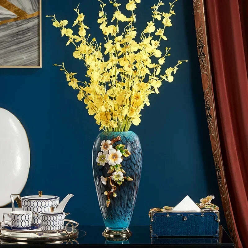 On Sale Light Luxury Enamel Colored Alloy Vase Living Room Decoration Porch Home European Classical Exquisite Flower Arrangement - KIMLUD