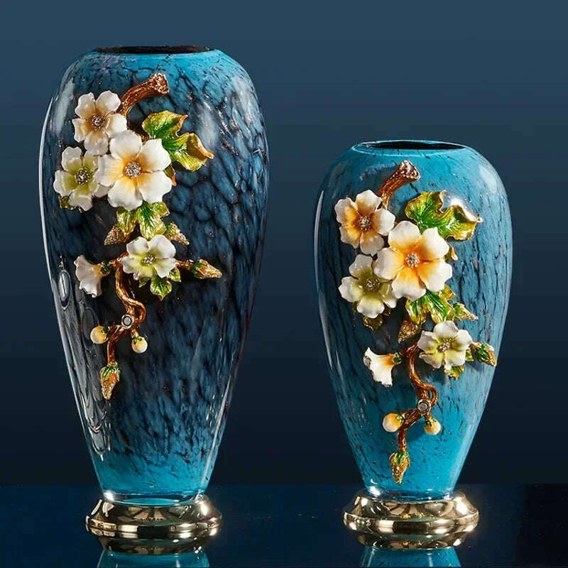 On Sale Light Luxury Enamel Colored Alloy Vase Living Room Decoration Porch Home European Classical Exquisite Flower Arrangement - KIMLUD