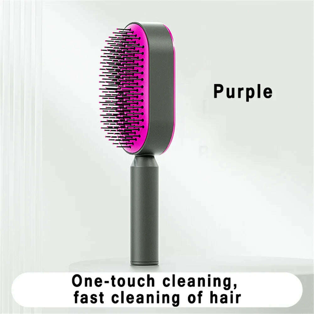 KIMLUD, One-Key Quick Self Cleaning Hair Brush Women Massage Comb Hair Brush Air Cushion Detangling Scalp Massage Comb Styling Tools, Purple Comb, KIMLUD Womens Clothes