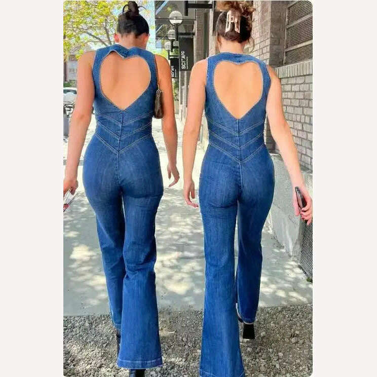 KIMLUD, One Piece Denim Jumpsuit Summer New Slim Thin Backless High Waist Overalls Jeans Sleeveless Zipper V Neck Rompers Long Pants, KIMLUD Womens Clothes