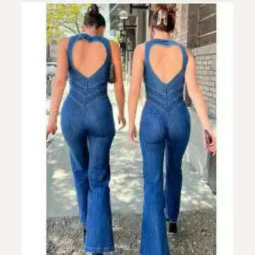 KIMLUD, One Piece Denim Jumpsuit Summer New Slim Thin Backless High Waist Overalls Jeans Sleeveless Zipper V Neck Rompers Long Pants, blue / S, KIMLUD APPAREL - Womens Clothes