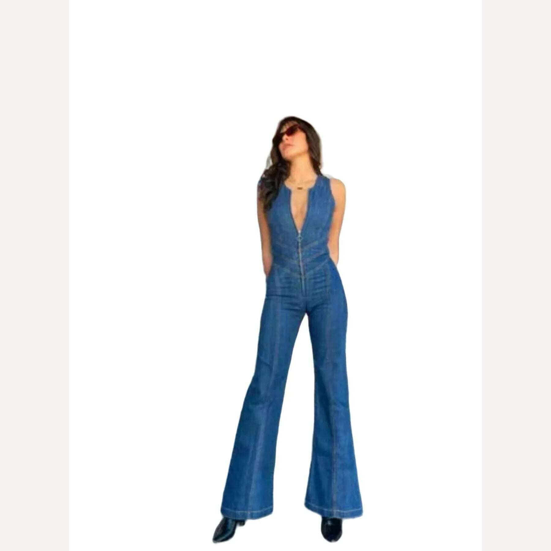 KIMLUD, One Piece Denim Jumpsuit Summer New Slim Thin Backless High Waist Overalls Jeans Sleeveless Zipper V Neck Rompers Long Pants, KIMLUD Womens Clothes