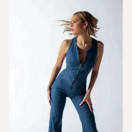 KIMLUD, One Piece Denim Jumpsuit Summer New Slim Thin Backless High Waist Overalls Jeans Sleeveless Zipper V Neck Rompers Long Pants, KIMLUD Womens Clothes