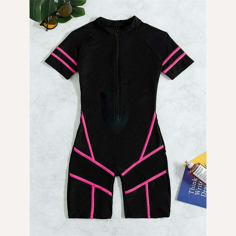 KIMLUD, One Piece Swimsuit Women 2023 New Black Short Sleeves Swimwear Sexy Bodysuit Monokini Summer Beach Wear Bathing Suit For Female, Pink / S / CHINA, KIMLUD Women's Clothes