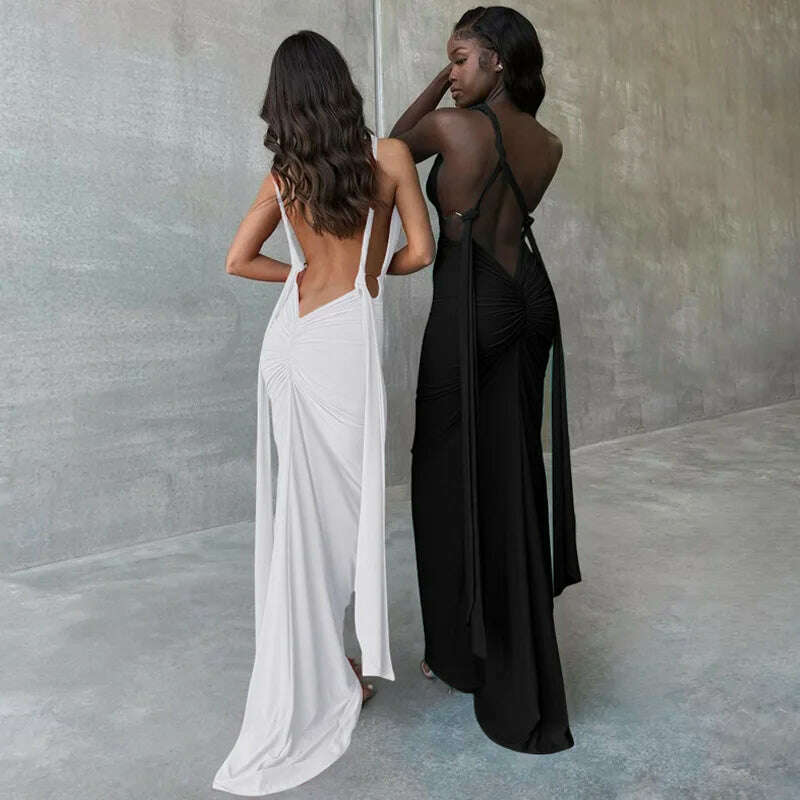 KIMLUD, One Shoulder Backless Adjustable Scarf Loop Ruched Sexy Maxi Dress 2024 Women Elegant Y2K Vintage Dress Fashion Summer Robe Size, KIMLUD Womens Clothes