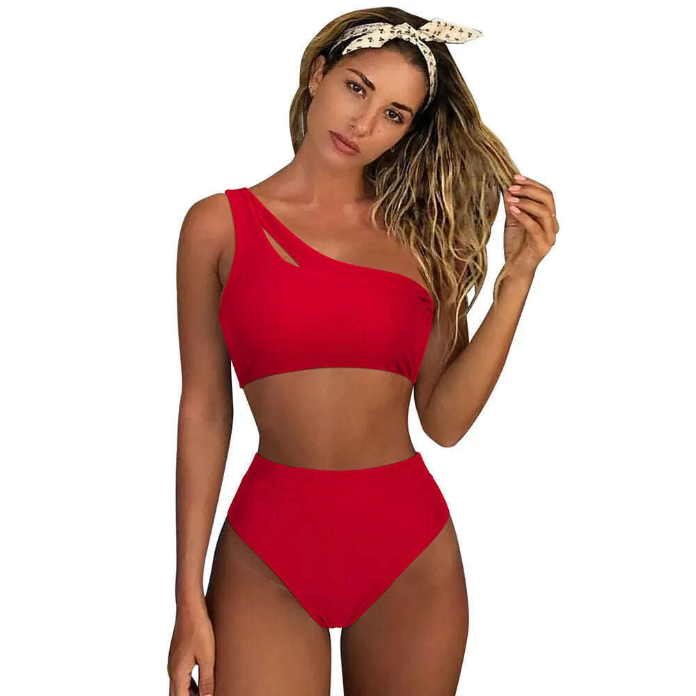 KIMLUD, One Shoulder Bikini Women Swimsuit Push Up Swimwear Female Solid Bathing Suits Summer Beachwear Micro Bikini Set Woman 2023, B5100RE / S, KIMLUD APPAREL - Womens Clothes