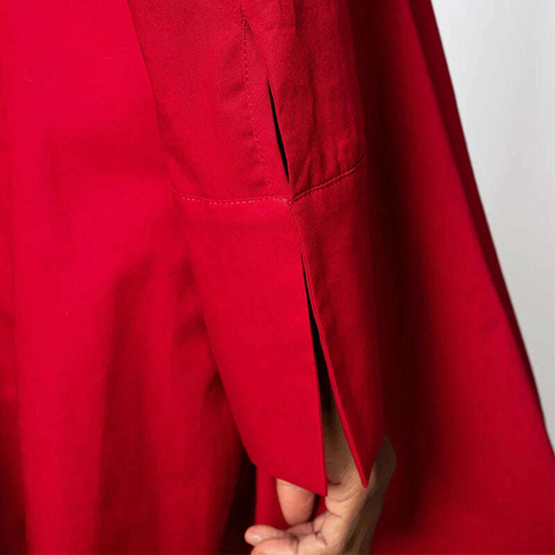 Onecozyday 2024 Stylish Female Elegant Party Red Dress Solid Color Long Sleeves Stand-Collar Loose Prom Midi Dresses For Women - KIMLUD