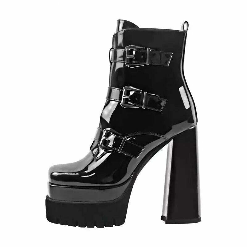 Onlymaker Black Square Toe Booties Double Platform Strap Buckle Side Zip Patent Leather Fashion Party Dress Ankle Boots - KIMLUD