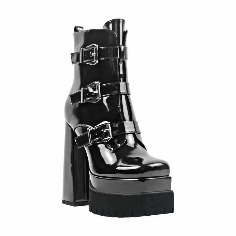 KIMLUD, Onlymaker Black Square Toe Booties Double Platform Strap Buckle Side Zip Patent Leather Fashion Party Dress Ankle Boots, KIMLUD Womens Clothes