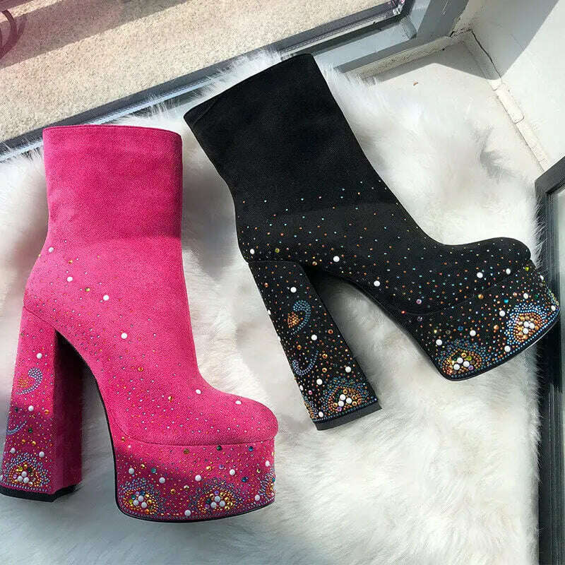 KIMLUD, Onlymaker Women Ankle Boots  Platform Round Toe Block Chunky High Heel Black Thick Party Dress Rhinestone Zip Boots, KIMLUD Womens Clothes