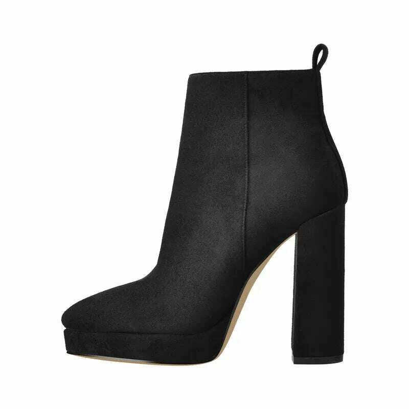 KIMLUD, Onlymaker Women Ankle Boots Pointed Toe Black Matte Flock 12CM Chunky Heel Platform Booties Party Shoes Large Size Short Boots, KX200801B / 5, KIMLUD Women's Clothes