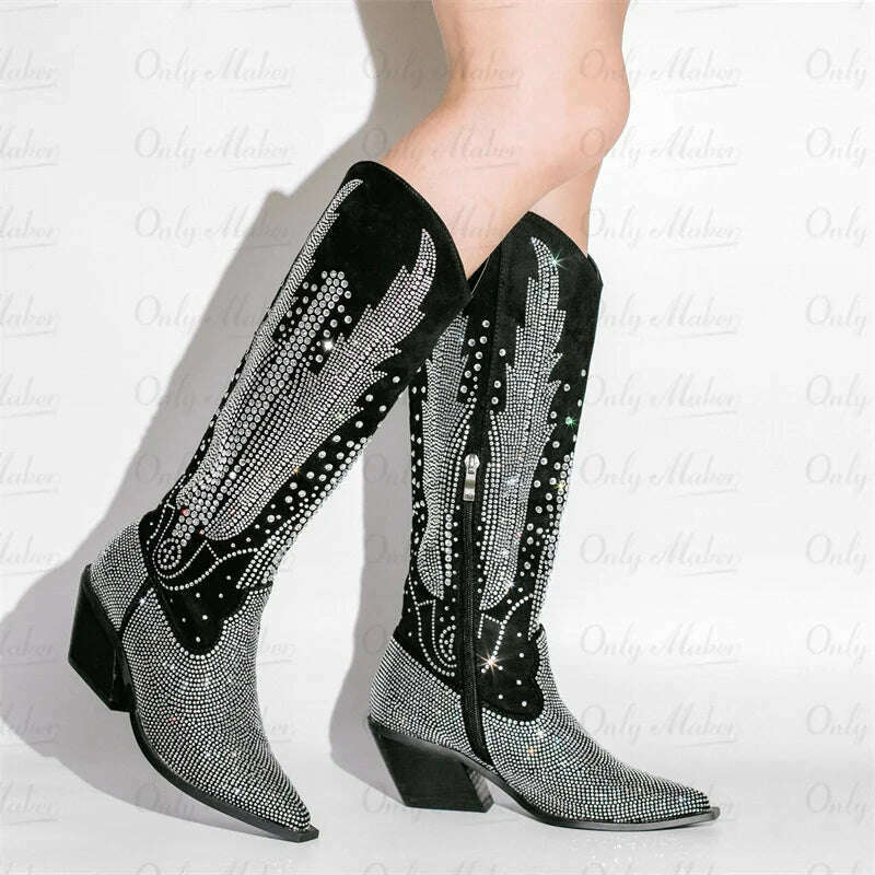 KIMLUD, Onlymaker Women Black Knee High Rhinestone Boots Western Cowboy Boots Glitter Bling Shiny Block Heel Handmade Boots, KIMLUD Women's Clothes