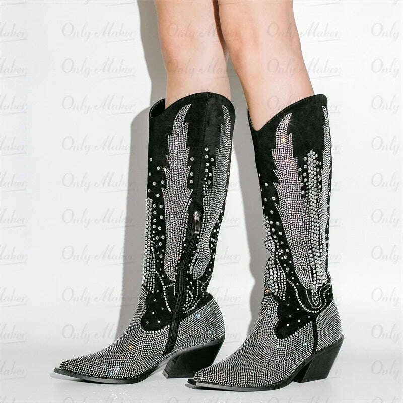 KIMLUD, Onlymaker Women Black Knee High Rhinestone Boots Western Cowboy Boots Glitter Bling Shiny Block Heel Handmade Boots, KIMLUD Womens Clothes