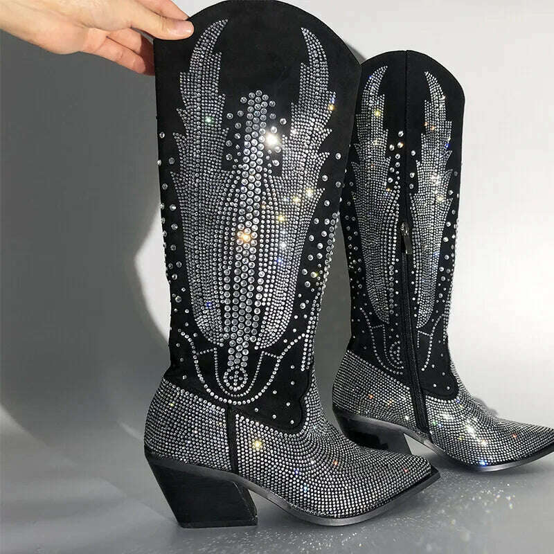 KIMLUD, Onlymaker Women Black Knee High Rhinestone Boots Western Cowboy Boots Glitter Bling Shiny Block Heel Handmade Boots, KIMLUD Womens Clothes