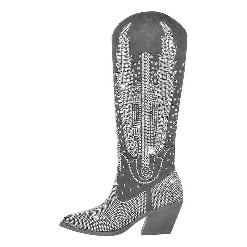 KIMLUD, Onlymaker Women Black Knee High Rhinestone Boots Western Cowboy Boots Glitter Bling Shiny Block Heel Handmade Boots, CD230369A / 5, KIMLUD Womens Clothes