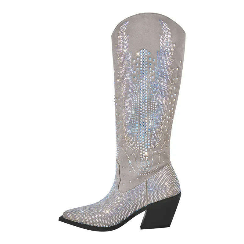 KIMLUD, Onlymaker Women Black Knee High Rhinestone Boots Western Cowboy Boots Glitter Bling Shiny Block Heel Handmade Boots, CD230369C / 5, KIMLUD Womens Clothes