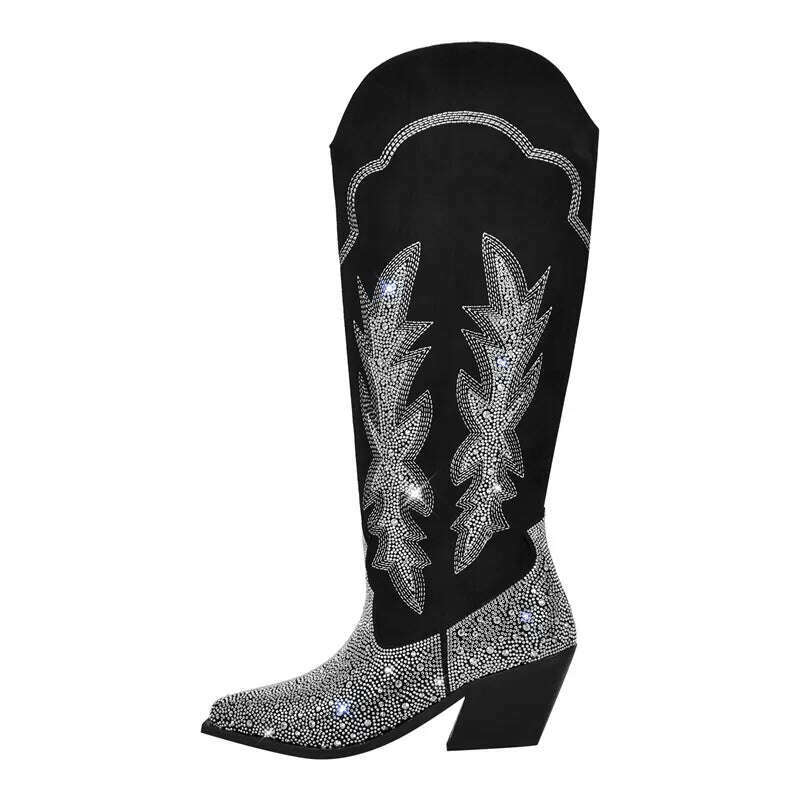 KIMLUD, Onlymaker Women Black Knee High Rhinestone Boots Western Cowboy Boots Glitter Bling Shiny Block Heel Handmade Boots, CD230908A / 5, KIMLUD Womens Clothes