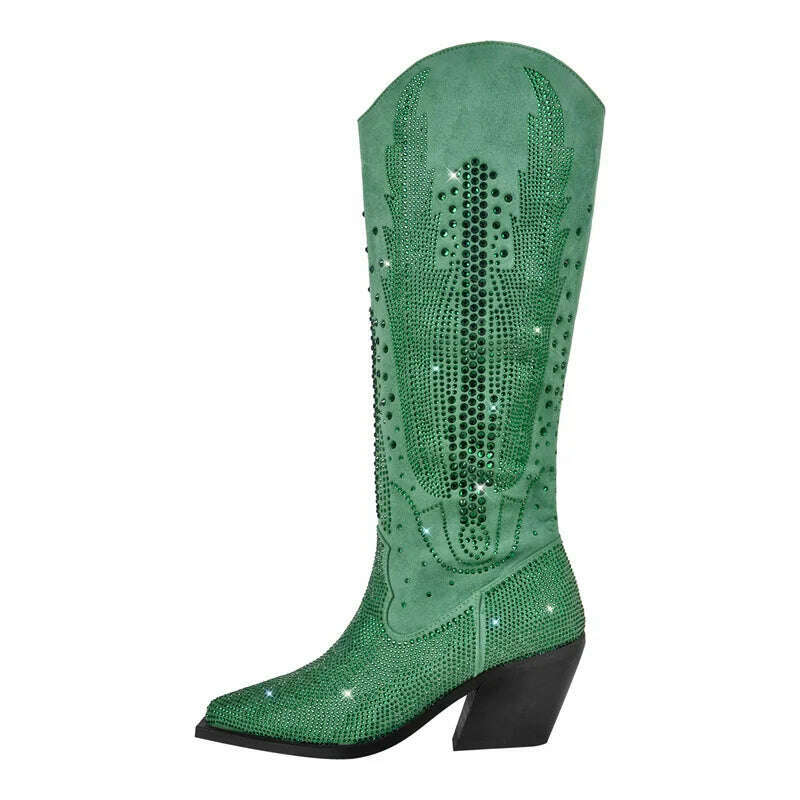 KIMLUD, Onlymaker Women Black Knee High Rhinestone Boots Western Cowboy Boots Glitter Bling Shiny Block Heel Handmade Boots, CD230369D / 5, KIMLUD Womens Clothes