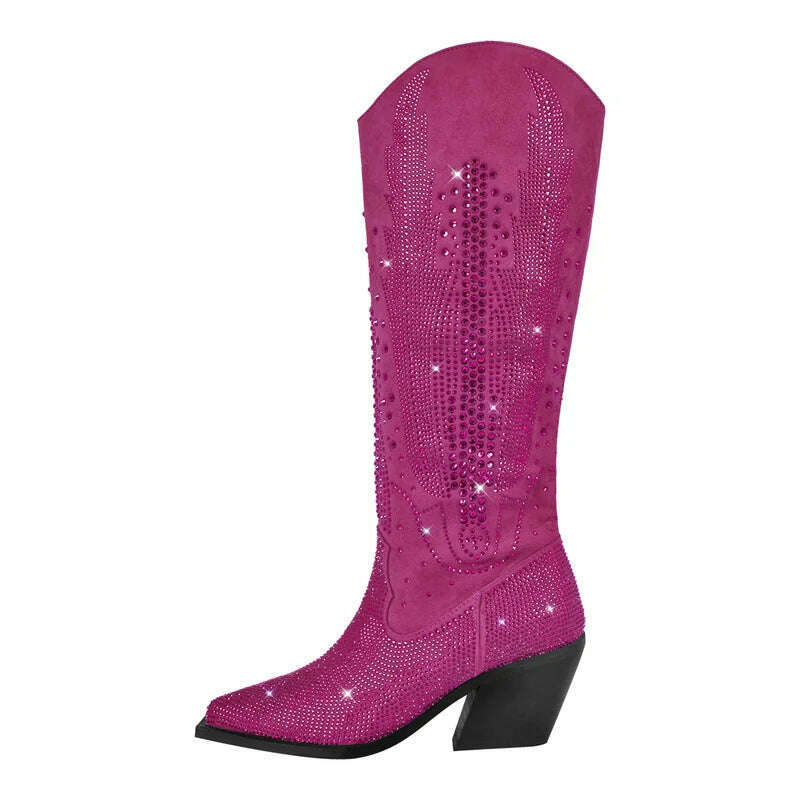 KIMLUD, Onlymaker Women Black Knee High Rhinestone Boots Western Cowboy Boots Glitter Bling Shiny Block Heel Handmade Boots, CD230369B / 5, KIMLUD Womens Clothes
