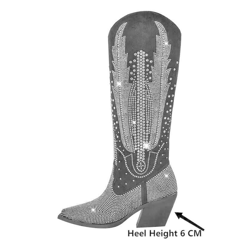KIMLUD, Onlymaker Women Black Knee High Rhinestone Boots Western Cowboy Boots Glitter Bling Shiny Block Heel Handmade Boots, KIMLUD Womens Clothes