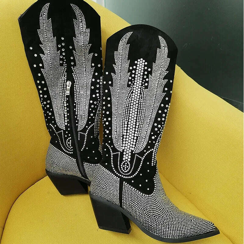 KIMLUD, Onlymaker Women Black Knee High Rhinestone Boots Western Cowboy Boots Glitter Bling Shiny Block Heel Handmade Boots, KIMLUD Womens Clothes