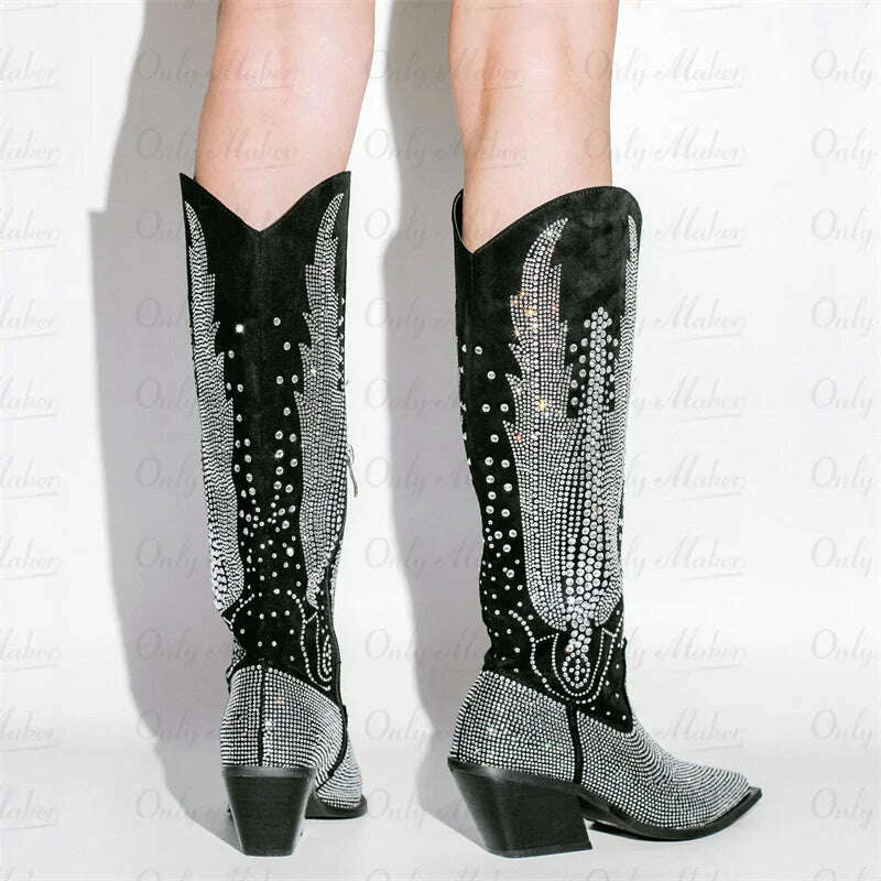 KIMLUD, Onlymaker Women Black Knee High Rhinestone Boots Western Cowboy Boots Glitter Bling Shiny Block Heel Handmade Boots, KIMLUD Womens Clothes