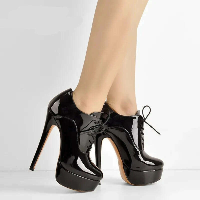 Onlymaker Women Black Platform Ankle Boots High Heels Lace Up Patent Leather Stiletto Sexy Lady Fashion Booties - KIMLUD