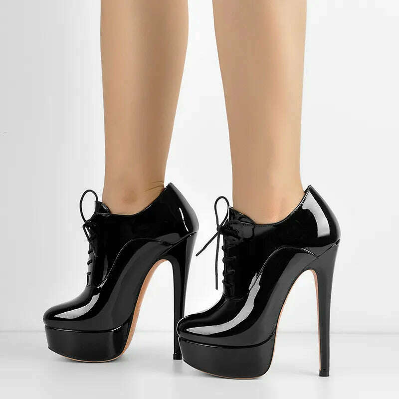 Onlymaker Women Black Platform Ankle Boots High Heels Lace Up Patent Leather Stiletto Sexy Lady Fashion Booties - KIMLUD