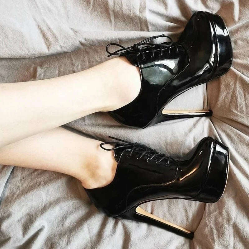 Onlymaker Women Black Platform Ankle Boots High Heels Lace Up Patent Leather Stiletto Sexy Lady Fashion Booties - KIMLUD