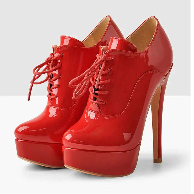 Onlymaker Women Black Platform Ankle Boots High Heels Lace Up Patent Leather Stiletto Sexy Lady Fashion Booties - KIMLUD
