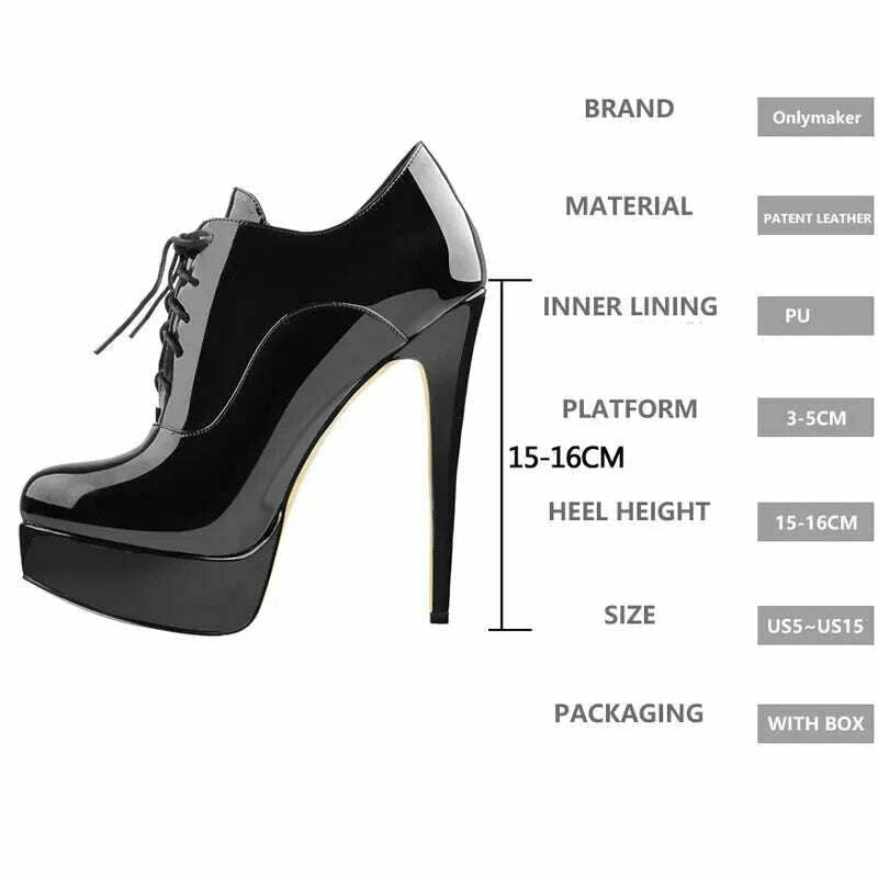 KIMLUD, Onlymaker Women Black Platform Ankle Boots High Heels Lace Up Patent Leather Stiletto  Sexy Lady Fashion Booties, KIMLUD Women's Clothes