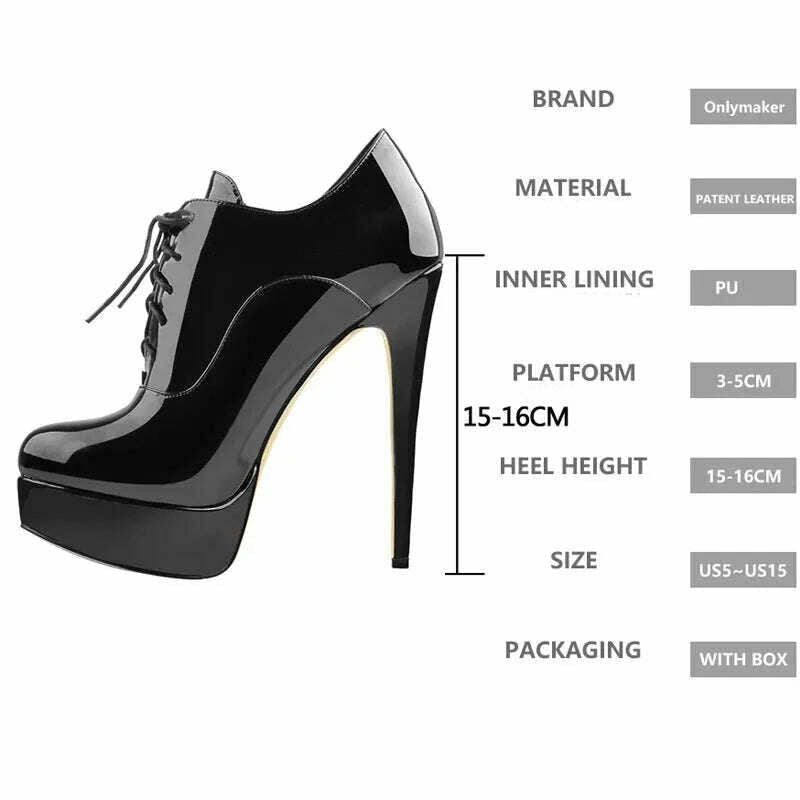 Onlymaker Women Black Platform Ankle Boots High Heels Lace Up Patent Leather Stiletto Sexy Lady Fashion Booties - KIMLUD