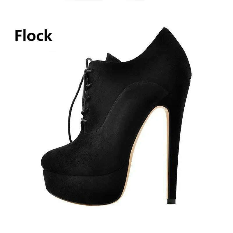 Onlymaker Women Black Platform Ankle Boots High Heels Lace Up Patent Leather Stiletto Sexy Lady Fashion Booties - KIMLUD