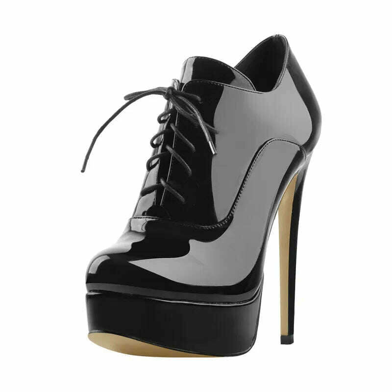 Onlymaker Women Black Platform Ankle Boots High Heels Lace Up Patent Leather Stiletto Sexy Lady Fashion Booties - KIMLUD