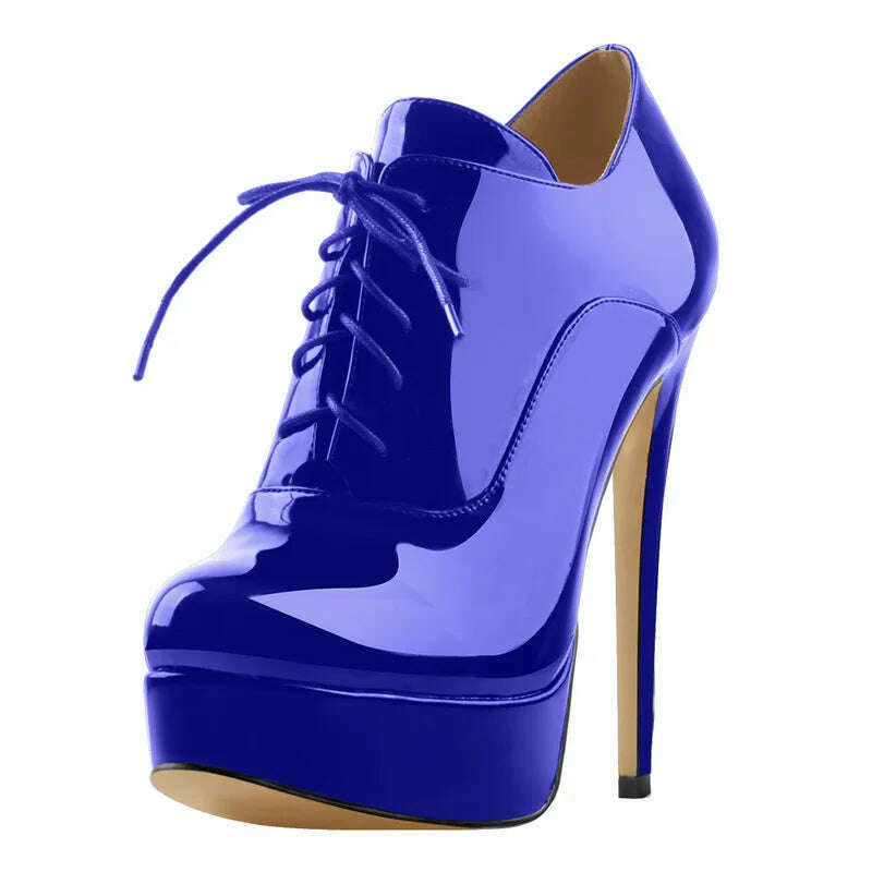 Onlymaker Women Black Platform Ankle Boots High Heels Lace Up Patent Leather Stiletto Sexy Lady Fashion Booties - KIMLUD