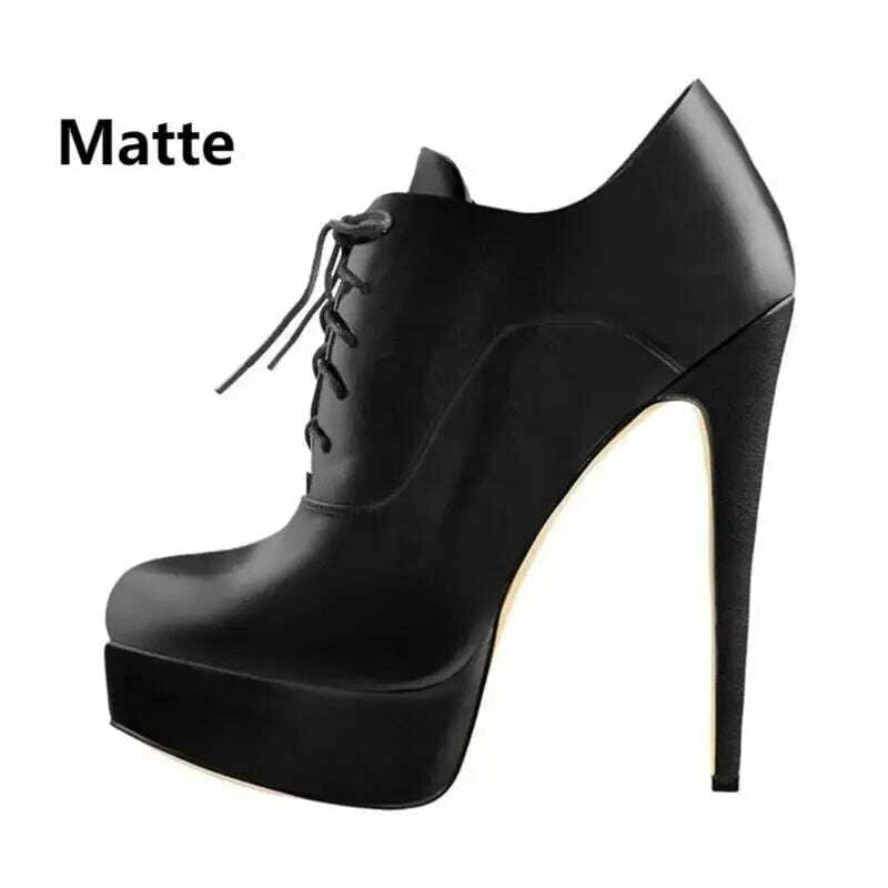 Onlymaker Women Black Platform Ankle Boots High Heels Lace Up Patent Leather Stiletto Sexy Lady Fashion Booties - KIMLUD
