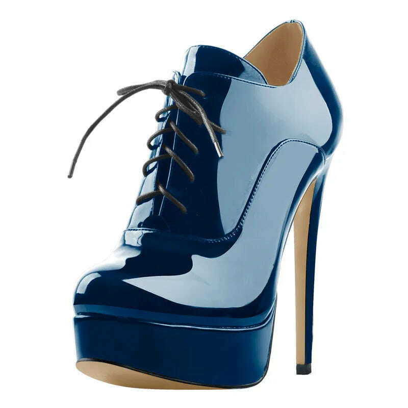 Onlymaker Women Black Platform Ankle Boots High Heels Lace Up Patent Leather Stiletto Sexy Lady Fashion Booties - KIMLUD