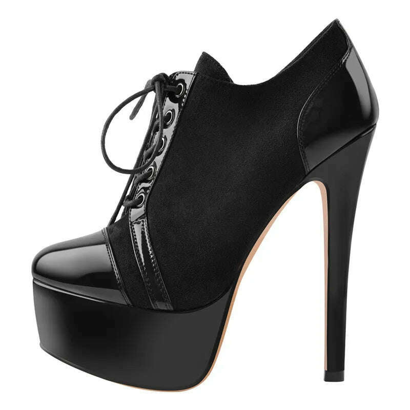 Onlymaker Women Black Platform Ankle Boots High Heels Lace Up Patent Leather Stiletto Sexy Lady Fashion Booties - KIMLUD