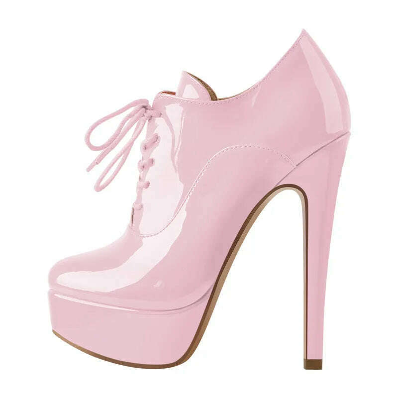 Onlymaker Women Black Platform Ankle Boots High Heels Lace Up Patent Leather Stiletto Sexy Lady Fashion Booties - KIMLUD