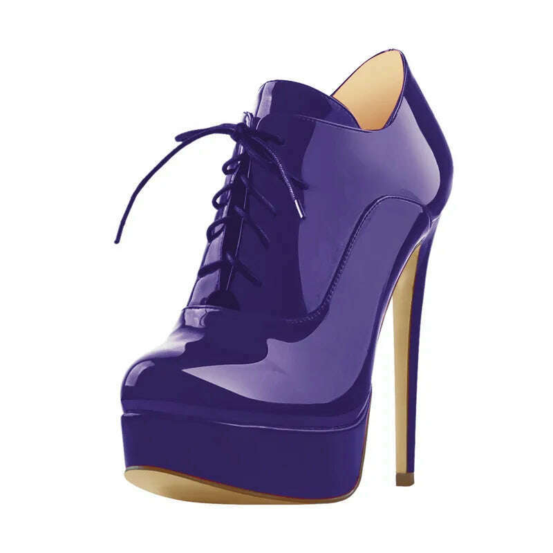 Onlymaker Women Black Platform Ankle Boots High Heels Lace Up Patent Leather Stiletto Sexy Lady Fashion Booties - KIMLUD