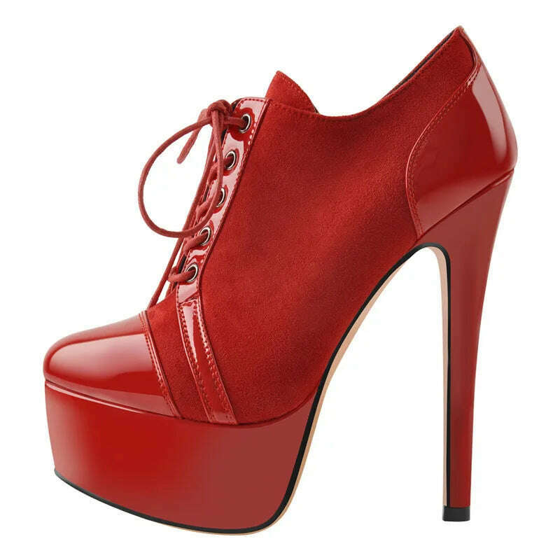 Onlymaker Women Black Platform Ankle Boots High Heels Lace Up Patent Leather Stiletto Sexy Lady Fashion Booties - KIMLUD