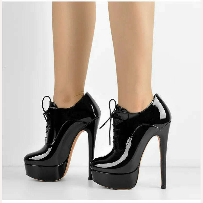 Onlymaker Women Black Platform Ankle Boots High Heels Lace Up Patent Leather Stiletto Sexy Lady Fashion Booties - KIMLUD