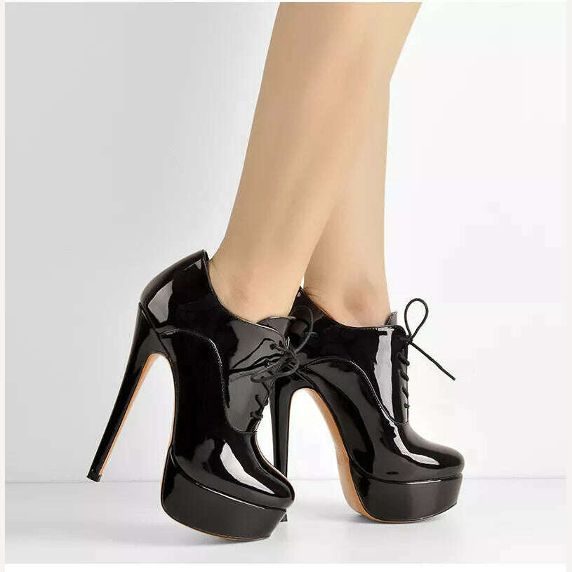 Onlymaker Women Black Platform Ankle Boots High Heels Lace Up Patent Leather Stiletto Sexy Lady Fashion Booties - KIMLUD